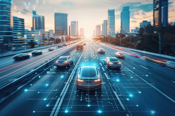 Autonomous Car Navigating City Traffic at Night. Generated AI