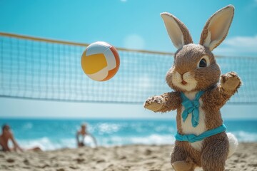 A brown rabbit in casual beach attire leaps to hit a volleyball on a sandy beach with friends enjoying the sun in the background