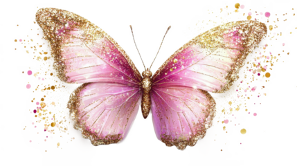 A stunning, pink and gold butterfly with glitter accents spreads its wings against a clean white background, creating an enchanting and whimsical visual effect.