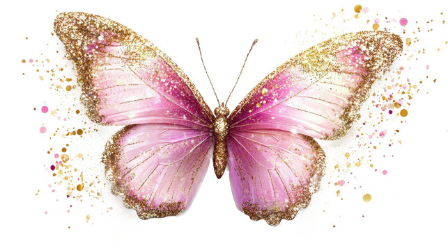 Fototapeta A stunning, pink and gold butterfly with glitter accents spreads its wings against a clean white background, creating an enchanting and whimsical visual effect.