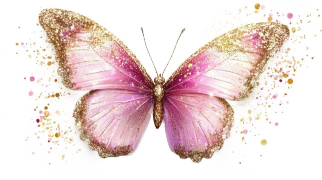 A stunning, pink and gold butterfly with glitter accents spreads its wings against a clean white background, creating an enchanting and whimsical visual effect. - Powered by Adobe