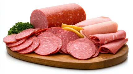A vibrant display of assorted sausage, ham, and fresh salad arranged neatly on a wooden board, emphasizing colors and textures