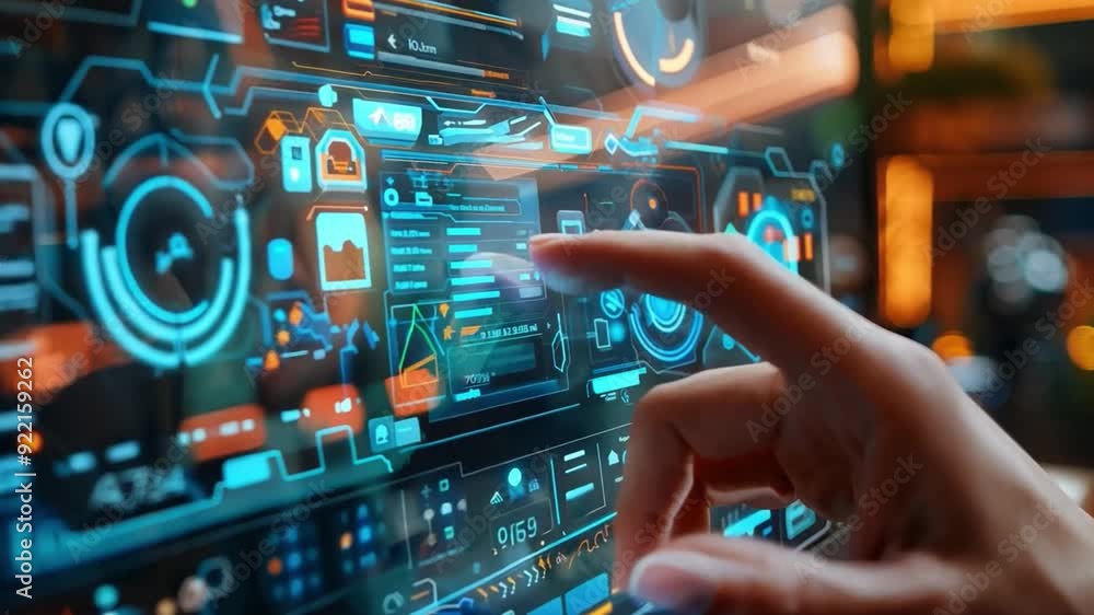 Poster a hand interacts with a glowing, advanced digital interface filled with various data displays and co