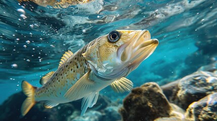 A close-up image of a fish under the water, looking directly at the camera.