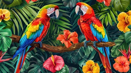 Fototapeta premium Colorful macaws sit on a branch amidst bright hibiscus flowers and dense foliage