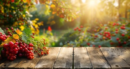 Red berries on a wooden table against a blurred background of an autumn forest.