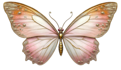A beautifully intricate butterfly with delicate, pink and beige wings adorned with detailed patterns, showcased against a white background.