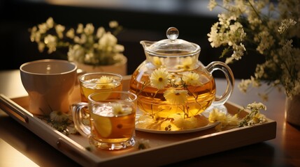 Wooden tray with teapot and cups of natural chamomile tea and flowers on table in kitchen.