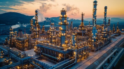Fototapeta premium Aerial view of a petrochemical oil and gas industry plant with white tanks for fuel storage at dusk in an industrial area on a river bank, photo with soft light.