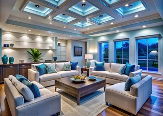 Fototapeta premium Modern Coastal Chic with Recessed Lighting and Blue-Hued Spotlights