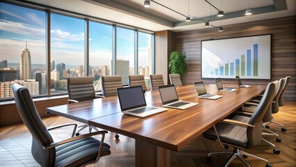 Modern conference room with laptop and projector screen displaying data, surrounded by empty chairs and a large wooden table, ready for a business presentation.