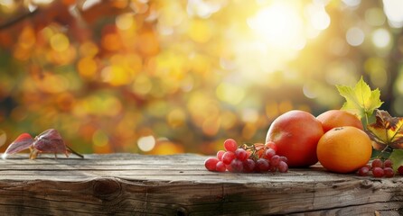 Autumn fruits and grapes on rustic wooden table with blurred nature background.