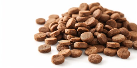 A pile of dog food is shown in a close up. The dog food is brown and he is in the shape of a ball