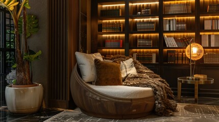 Cozy Reading Nook with High-Quality Furnishings and Serene Ambiance