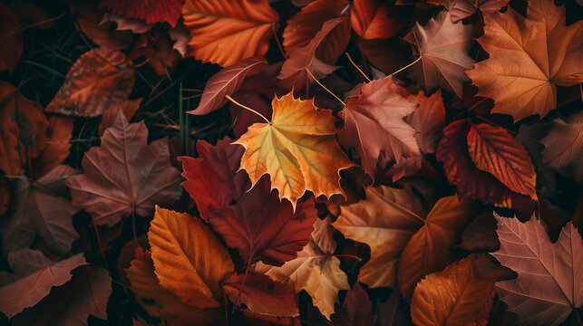 Close up of dry fall leaves texture background in orange, brown and yellow color tones.