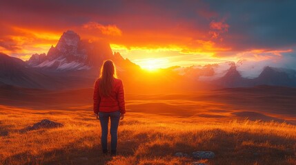 Obraz premium Woman Admiring a Breathtaking Mountain Sunset with Golden Fields and Dramatic Skies