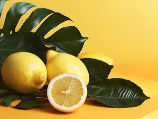 Lemons and leaves on yellow background