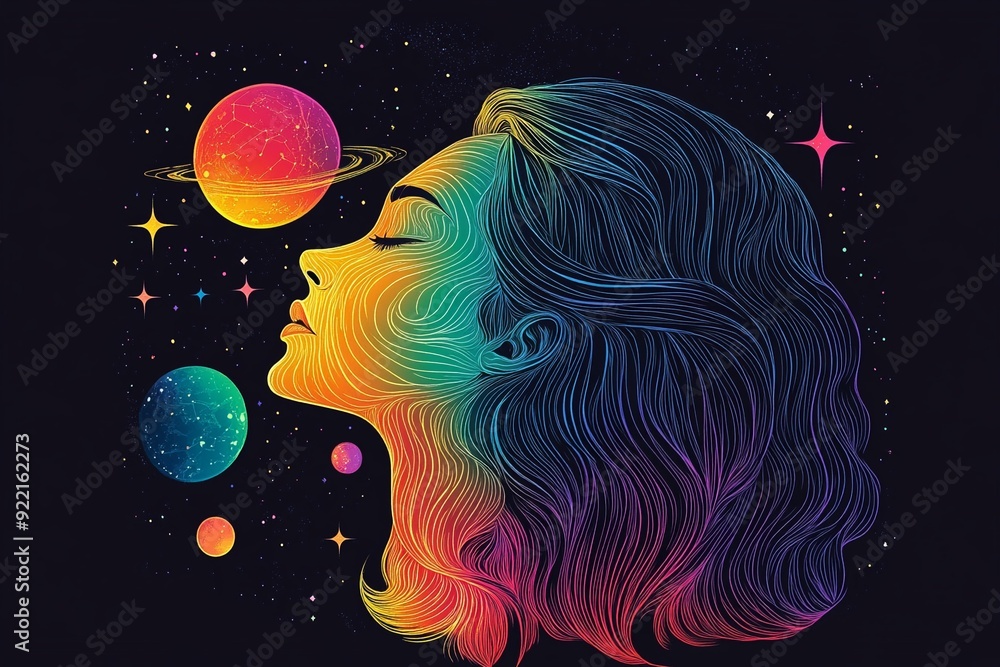 Wall mural neon outline of a goddess with delicate features, her face illuminated by celestial light, planets a