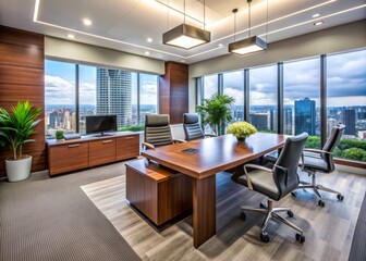 Fototapeta premium Modern Legal Synergy: Contemporary office space with sleek lines, high-tech equipment, and professional ambiance.