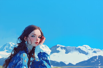 femme norv&eacute;gienne brune aux cheveux longs, en robe bleue, devant des montagnes enneig&eacute;es sous un ciel bleu &eacute;clatant, espace n&eacute;gatif copyspace
