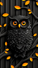 Fototapeta premium A black owl with orange eyes is perched on a tree branch. The owl is surrounded by orange leaves, which adds a warm and cozy atmosphere to the image. The combination of the owl's dark color