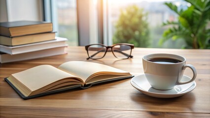 Modern minimalist desk with a free book mockup and a pair of glasses lying open, surrounded by scattered papers and a warm cup of coffee.