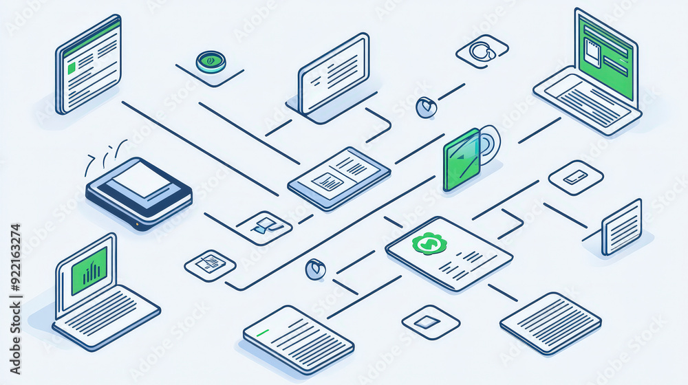 Poster e-documents : Showcasing interconnected digital devices and documents, highlighting the concept of cloud computing and seamless data synchronization across multiple platforms.