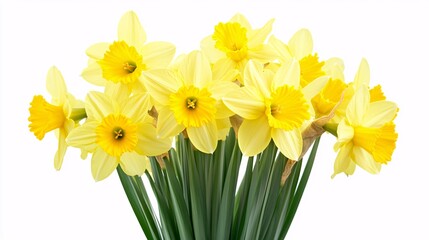 A cluster of bright yellow daffodils with trumpet-shaped blooms. The petals are smooth and slightly curved, surrounding a darker yellow corona in the center. The green stems and leaves are slender