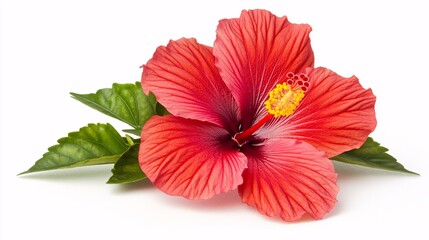 A single hibiscus flower with large, vibrant red petals and a prominent central stamen. The petals are slightly ruffled at the edges, adding texture to the bloom. The stamen is topped with a bright