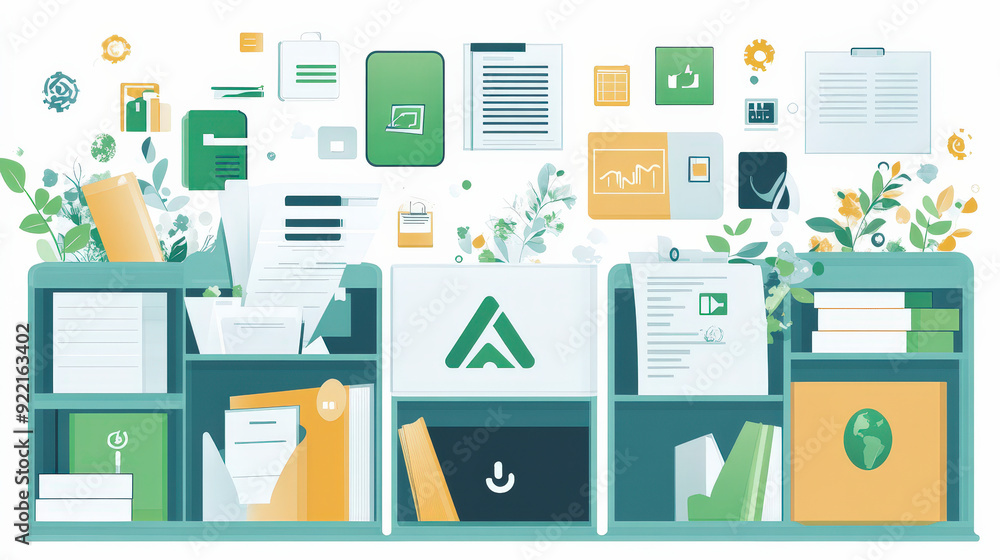 Poster e-documents : showcasing a well-organized desk showcasing various document icons and folders, symbol