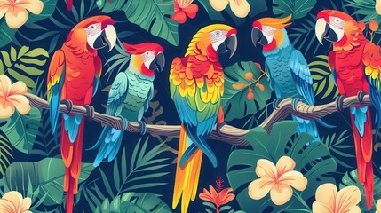 Five tropical parrots display their vivid plumage while resting in a lively jungle among green leaves and flowers