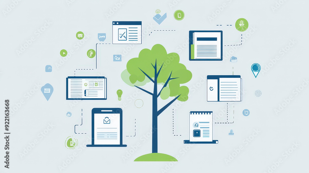 Poster e-documents : showcasing a central tree surrounded by electronic devices and documents, representing