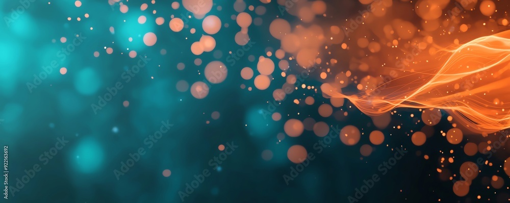 Poster a vibrant abstract image featuring glowing bubbles and dynamic waves in teal and orange tones, perfe