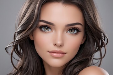 Fototapeta premium Close-up portrait of a beautiful woman with long brown hair and hazel eyes.