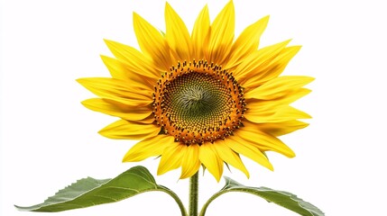 Obraz premium A bright yellow sunflower with large, round petals radiating from a dark, textured center. The green stem is thick and sturdy, with a few large leaves visible. The sunflower is isolated on a white
