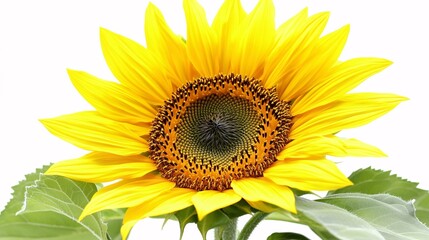 Naklejka premium A bright yellow sunflower with large, round petals radiating from a dark, textured center. The green stem is thick and sturdy, with a few large leaves visible. The sunflower is isolated on a white