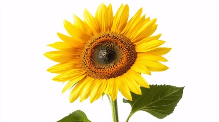 Obraz premium A bright yellow sunflower with large, round petals radiating from a dark, textured center. The green stem is thick and sturdy, with a few large leaves visible. The sunflower is isolated on a white