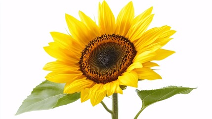 Fototapeta premium A bright yellow sunflower with large, round petals radiating from a dark, textured center. The green stem is thick and sturdy, with a few large leaves visible. The sunflower is isolated on a white