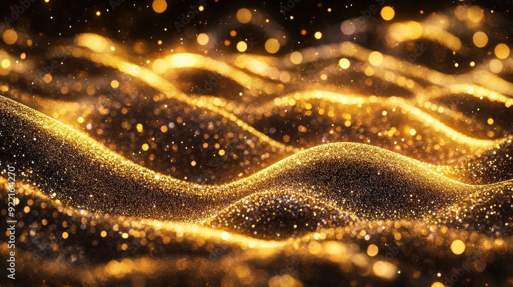 Poster a background of golden glitter waves, shimmering and sparkling in the light, creating a luxurious an