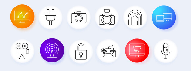 Digital security set icon. Graph, plug, camera, fingerprint, monitor, signal, lock, gaming, shopping, microphone, vector, graphic.
