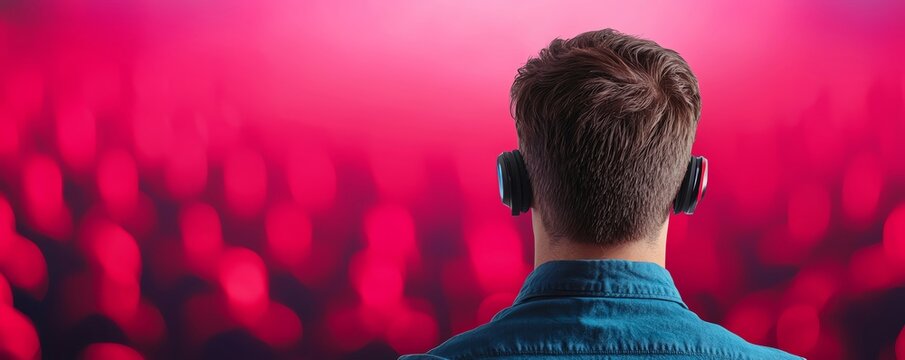 A young man wears headphones and observes a vibrant crowd at a concert, immersed in the music and atmosphere of the event.