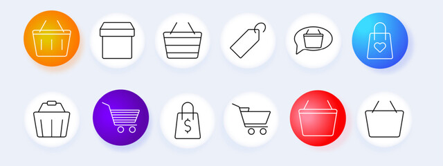 Shopping and retail set icon. Basket, cart, bag, label, purchase, ecommerce, checkout, vector, graphic, sale.