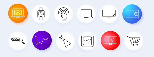 Technology and communication set icon. Email, smartwatch, touch, laptop, monitor, wallet, search, vector, graphic, data.