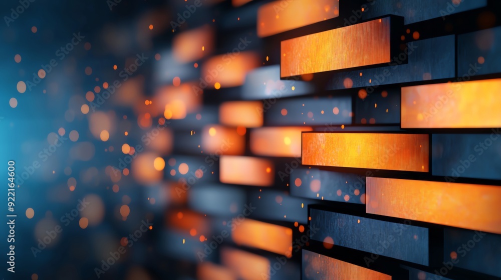 Poster abstract design featuring glowing orange and blue blocks with a textured background, creating a mode