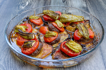 Traditional delicious Turkish food; Kofte kebab wrapped in eggplant (Turkish name; Islim - islim kebabi or kurdan kebabi)