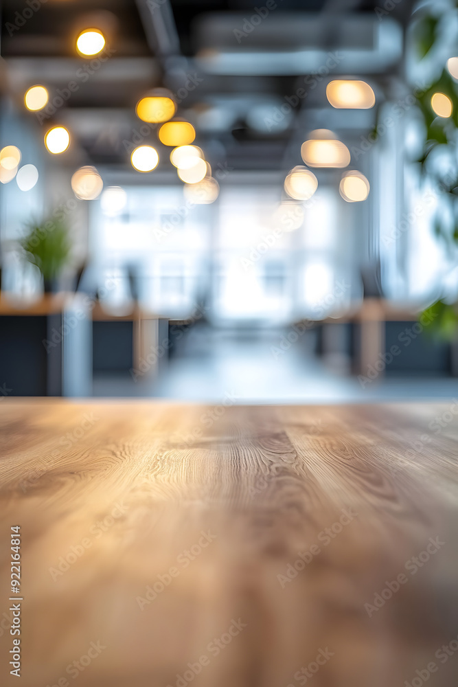 Poster wooden table on blurred empty open space office. abstract bokeh at office interior background for de