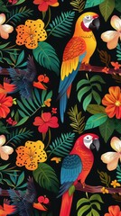 Naklejka premium Two vividly colored parrots perched among bright flowers and lush green leaves create a tropical atmosphere
