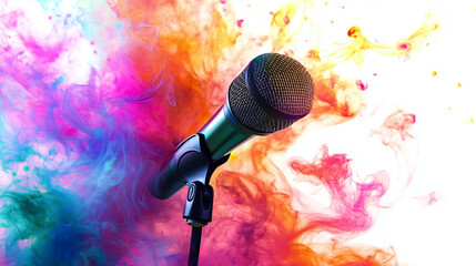  image of a microphone exploding with multicolored smoke
