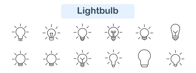 Lightbulb set icon. Bulb, lamp, idea, innovation, electric, bright, energy, light, filament, glow, illumination, concept, invention, creativity, bright, lamp, solution, power, bright, design.