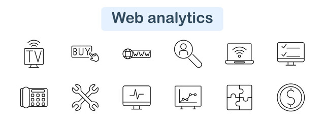 Web analytics set icon. TV, buy, URL, search, wifi, checklist, telephone, tools, chart, puzzle, coin, monitor, ecommerce, digital, tech, internet, online, connection, media, marketing.
